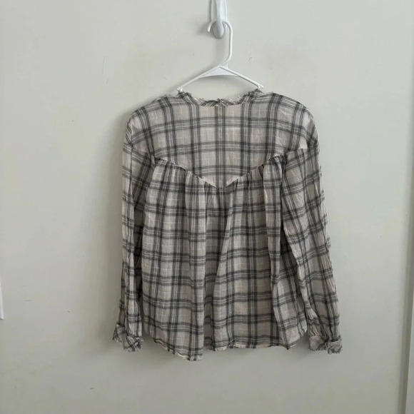 Rebecca Taylor 1/2 button up lightweight plaid raw neck shirt grey / white 4 - Picture 2 of 5